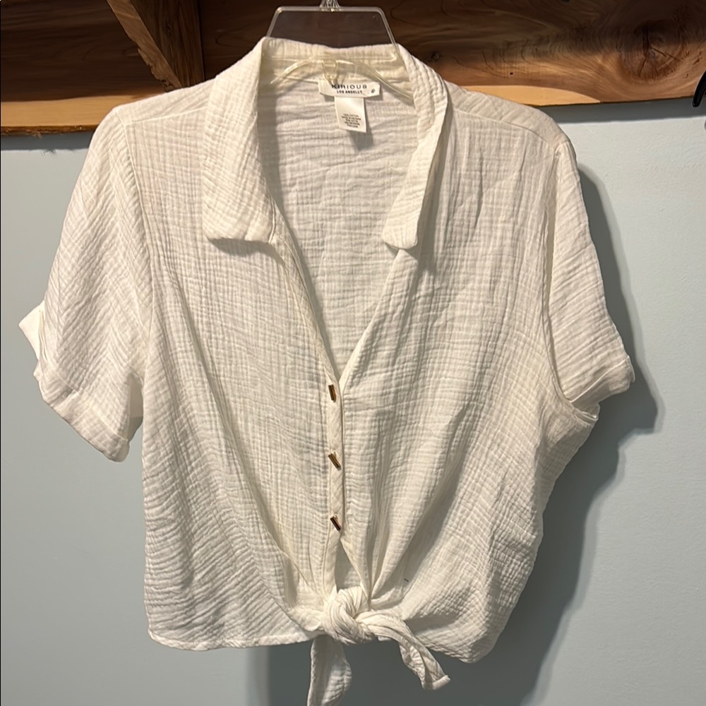 White Button-Up Tie Front Top